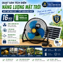 Quạt sàn tích điện CHILL HOME 16inch, pin 4800mAh, kèm panel NLMT, lồng & cánh kim loại